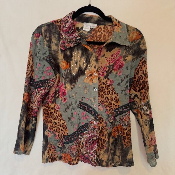 Alberto Makali sequined crinkle animal print button down top S/L - Picture 1 of 8